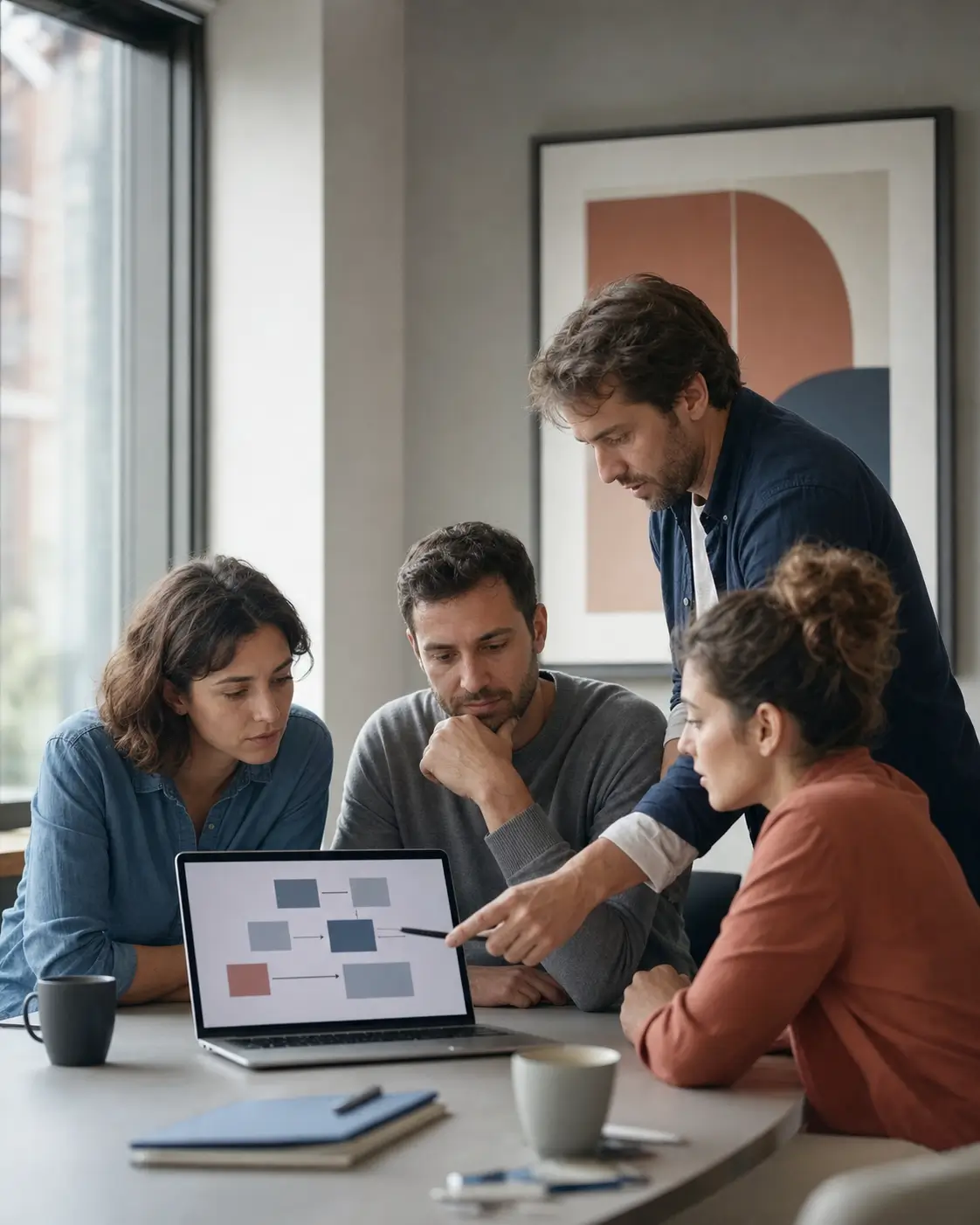 Quatre collaborateurs d'une PME réunis autour d'un ordinateur portable pendant une session de formation à l'IA en intra, un formateur leur montre un schéma d'automatisation à l'écran