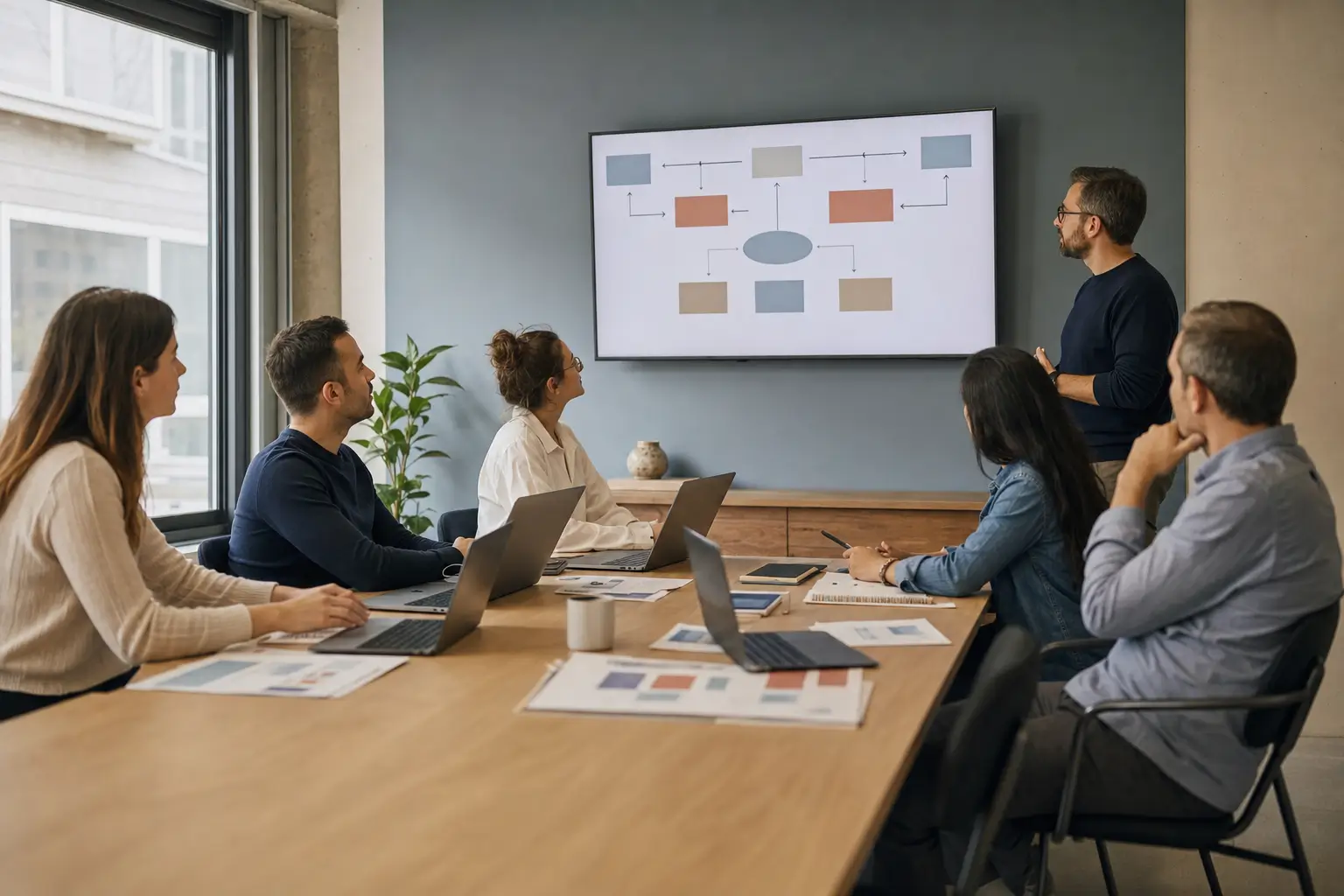 Session de formation à l'IA en intra dans une PME : cinq collaborateurs et un formateur autour d'un écran présentant un schéma d'automatisation