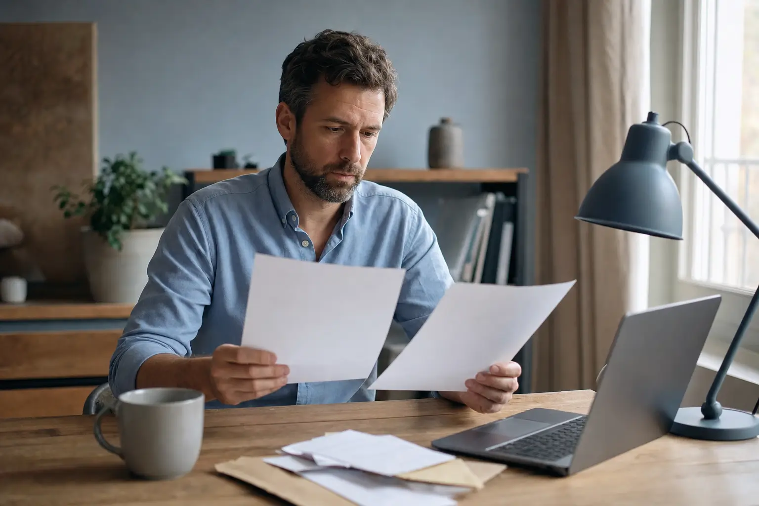 Un travailleur indépendant à son bureau, comparant deux documents imprimés pour vérifier le montant de sa prise en charge de formation